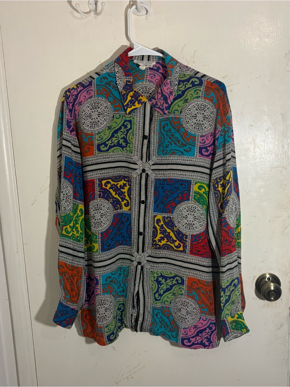 Vintage Daniel Field Colorful Patchwork Multi Print Long Sleeve Silk Blouse